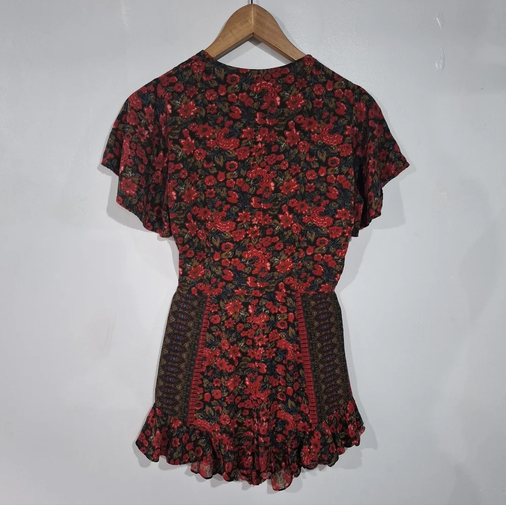 Free People Surf Date Romper Womens Sz 4 Burgundy Floral Ruffle Hem Boho Beach